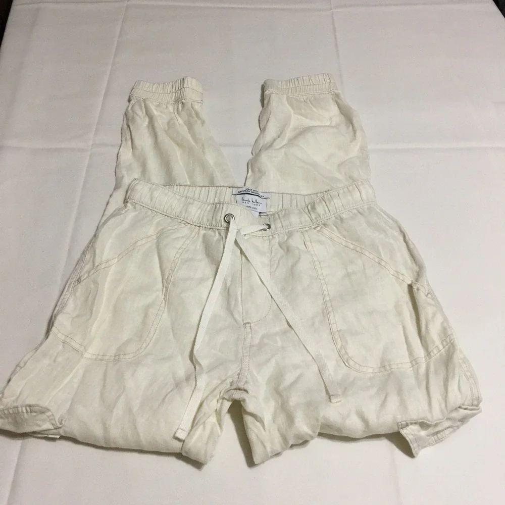 Nicole Miller Linen Joggers Women Small Ivory White Drawstring Pants
